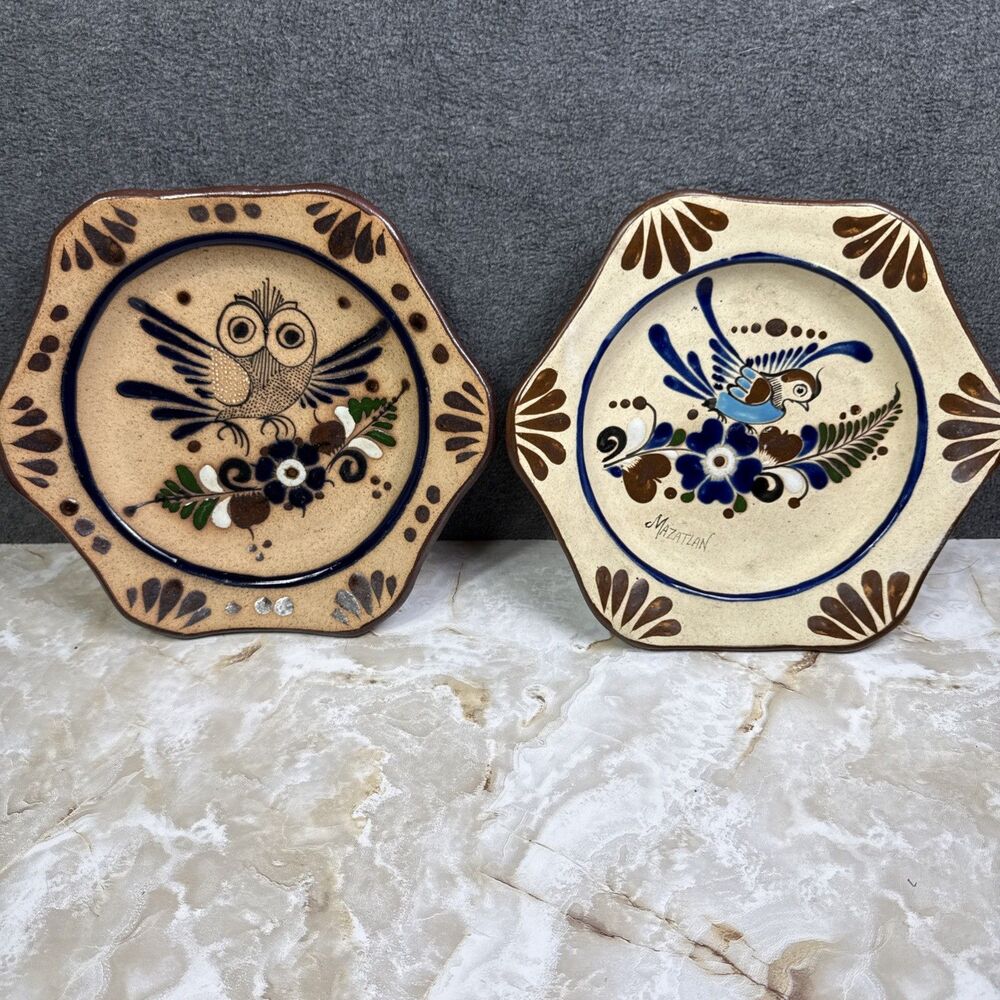 Tonala Mex Pottery Hexagon Plate Bird Owl Flowers Blue Hand Painted 8” Lot Of 2
